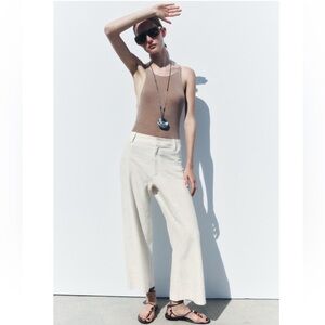 Zara ZW Collection Embroidered Ecru Linen Blend Pants XS